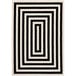 A white rectangular area rug with black lines in a square design.