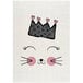 A pink rug with a cat face and crown in cream and black.