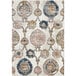 An Abani Arto Collection area rug with a distressed medallion pattern in coral and navy on a white background.