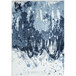 A close up of a blue and white Abani Arto Collection area rug with abstract designs.