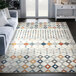 A multicolor Moroccan area rug with geometric patterns in a room.