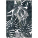 A cream rug with green tropical leaf print.