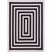 A cream and black rectangular striped area rug with a square design.