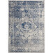 A close up of a blue and grey vintage Abani Casa Collection area rug with an intricate pattern.