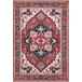 An Abani Molana Collection red vintage traditional area rug with a white and blue intricate medallion design.