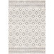 A close up of a cream and gray Moroccan area rug with a geometric pattern.