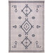A cream rug with a grey and black Moroccan geometric pattern.