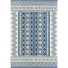 A navy and cream rug with geometric designs in blue and white.