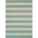 A close up of a Couristan Afuera Yacht Club area rug with stripes in aqua and white.