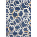 A blue, gray, and white rug with a hexagon pattern.