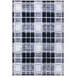 A cream and gray plaid area rug with a checkered pattern and white border.