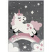 A gray area rug with a white unicorn and pink accents.
