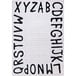 A white rectangular area rug with black letters in a contemporary font.