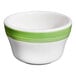 A white stoneware bouillon bowl with green stripes on the side.