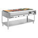 A stainless steel electric five pan hot food table with a lower shelf and plates on the side.