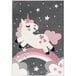 A gray area rug with a white unicorn on it and pink accents.