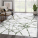 A green and gray contemporary web area rug in a room with a plant and wooden chair.