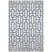 A blue and gray area rug with blue lines in a geometric pattern.