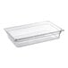 A Carlisle clear plastic food pan with a lid.