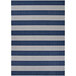 A close up of a Couristan Afuera Yacht Club blue and white striped area rug with blue and grey stripes.