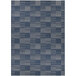 A white rectangular rug with a blue and white striped border.