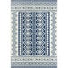 A navy and cream area rug with a geometric pattern in blue and white.