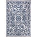 An Abani Parker Collection cream rug with a blue and white ornate floral medallion design.