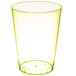 A clear plastic cup with a yellow rim.