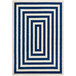 A navy and cream area rug with a geometric design.