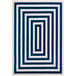 A navy and cream geometric rectangular area rug.