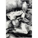 A close up of a black and white Abani Arto Collection Liquid Marble area rug.