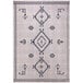 A cream rug with a geometric Moroccan folk pattern in grey and black.