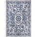 A cream rug with a blue floral medallion design.