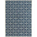 An Abani Arto cream and blue area rug with a geometric design in a white room.