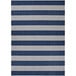 A close up of a Couristan Afuera Yacht Club blue and white striped rug.