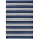 A close up of a Couristan Afuera Yacht Club area rug with blue and white stripes on a white background.
