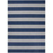 A close up of a Couristan Afuera Yacht Club Midnight Blue / Ivory striped area rug.