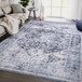 An Abani Lola blue and grey area rug with a large medallion design.