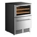 A stainless steel dual temperature beverage cooler with a glass door, wooden shelves, and a bottom drawer.