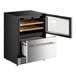 A dual temperature beverage cooler with a glass door, wooden shelves on top, and a stainless steel bottom drawer.