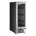 A slim, single temperature beverage cooler with a full glass door and metal shelves.