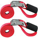 A pair of red Snap-Loc tie-down cinch straps with metal clips.