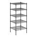 A black wire shelving unit with four shelves.