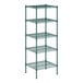 A Regency green wire shelving unit with four shelves.