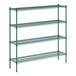 A green metal wire shelving unit with four shelves and metal posts.