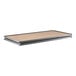 A rectangular black particleboard shelf with metal Z-beam frame.