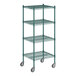 A green Regency wire shelving unit with casters.