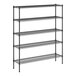 A Regency black metal wire shelving unit with five shelves.