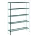 A green metal wire shelving unit with five shelves.