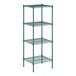 A green wire shelving unit with four shelves.